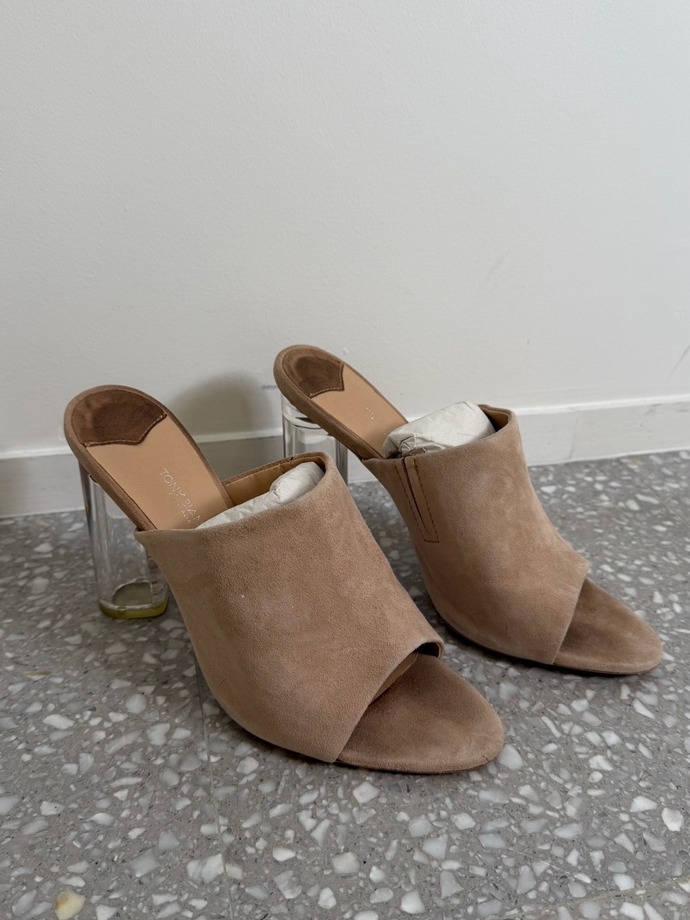 Tony Bianco Taupe Suede Open-Toe Mules with Clear Block Heel